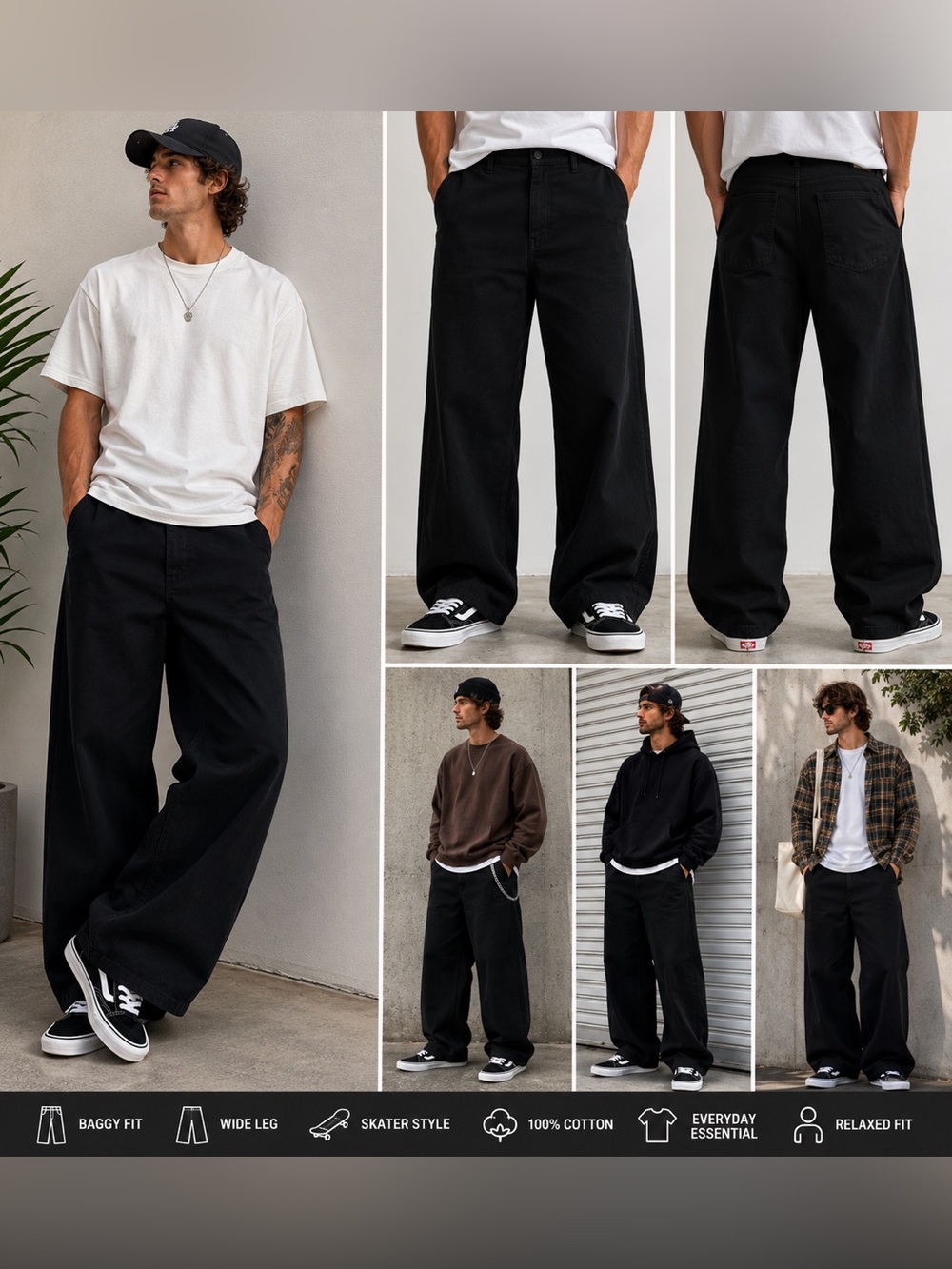 Buck Mason Black Baggy Wide Leg Skater Pants Men’s Size 31 Relaxed Cotton